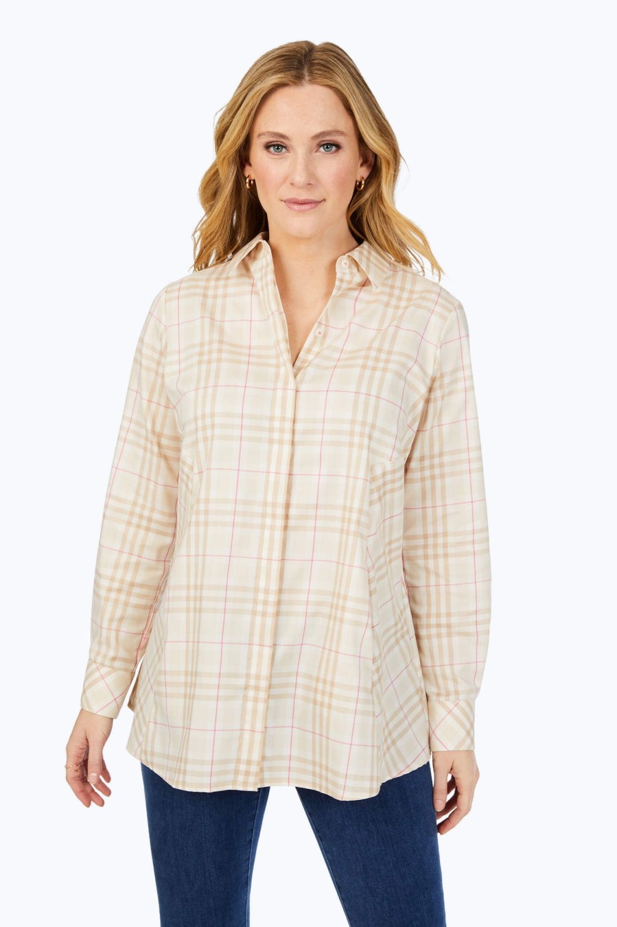 Women Foxcroft Tops | Cici Non-Iron Warm Plaid Tunic Birchwood Warm Plaid