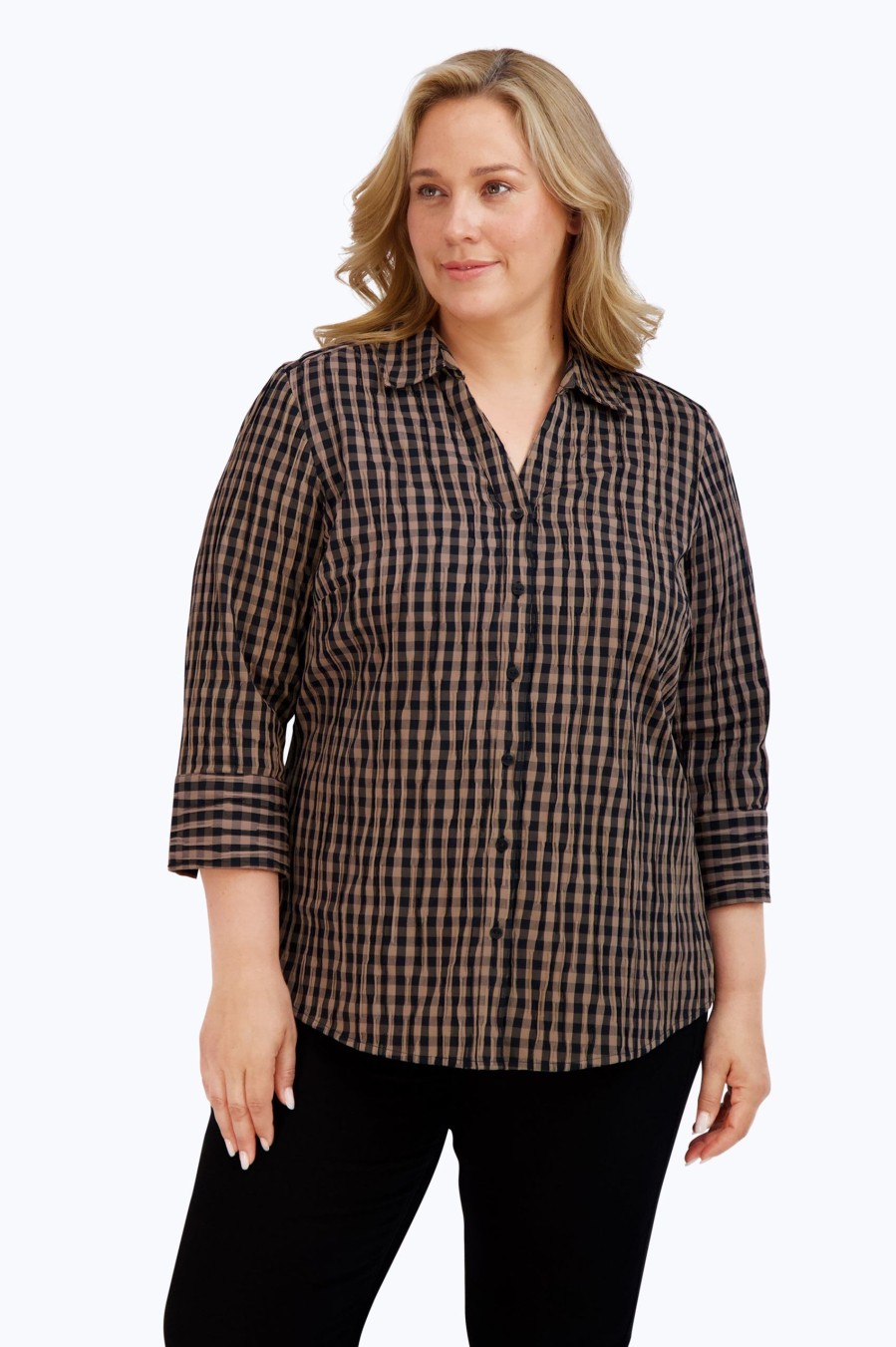 Women Foxcroft Tops | Mary Plus Crinkle Gingham Combo Shirt