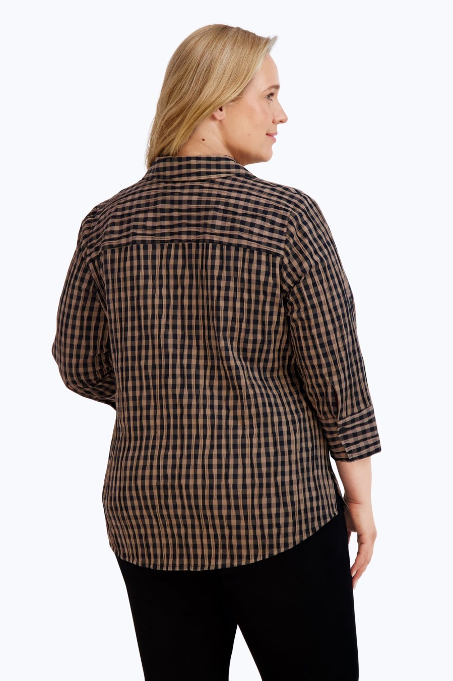 Women Foxcroft Tops | Mary Plus Crinkle Gingham Combo Shirt