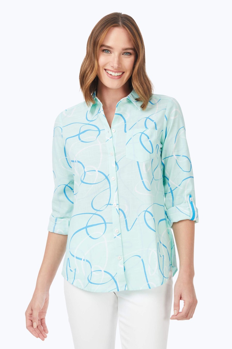 Women Foxcroft Tops | Zoey Non-Iron Sun Swirls Shirt Sea Mist Sun Swirls