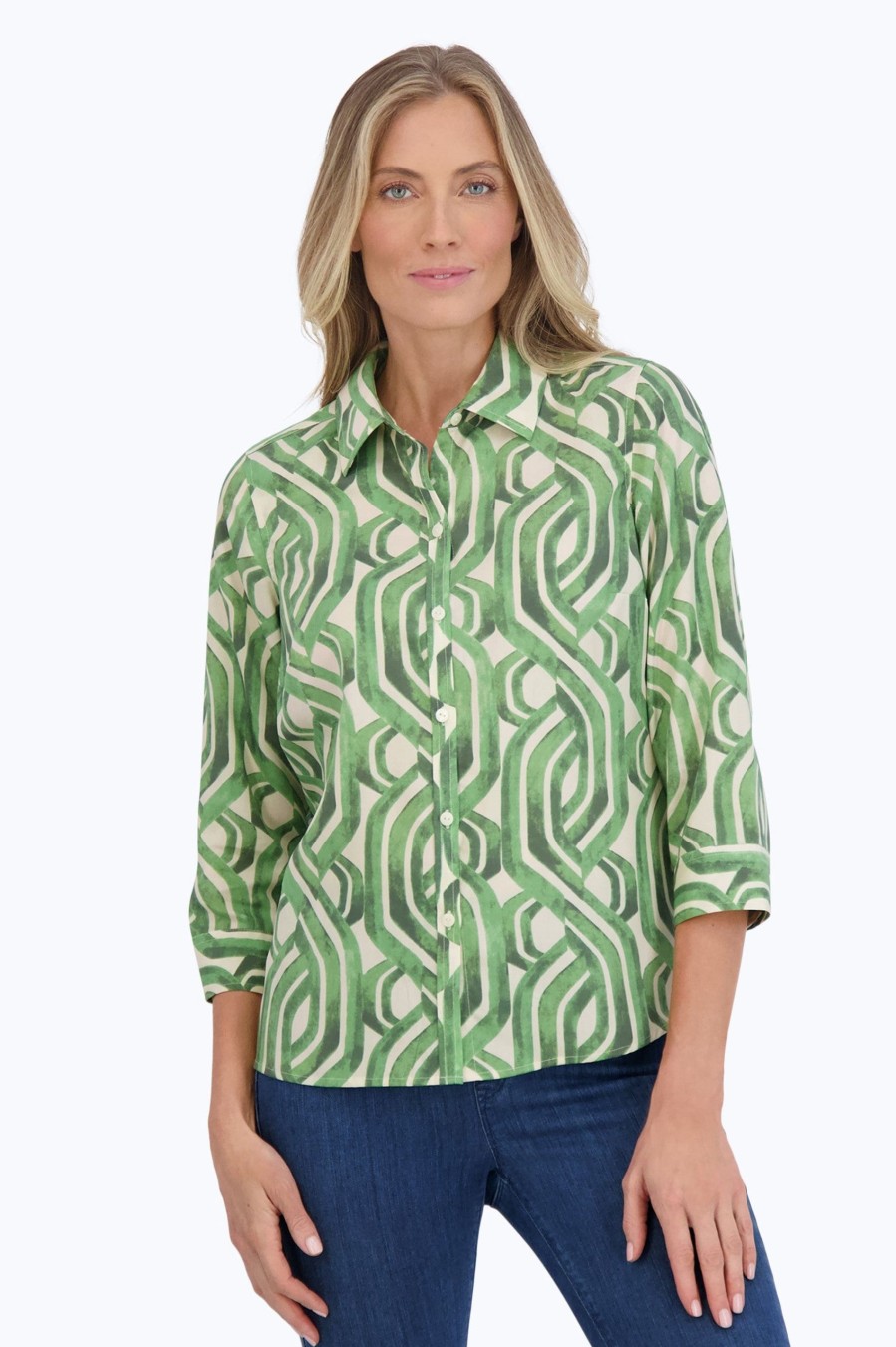 Women Foxcroft Tops | Hampton No Iron Watercolor Braid Shirt Green Watercolor Braid