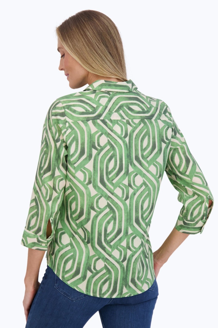 Women Foxcroft Tops | Hampton No Iron Watercolor Braid Shirt Green Watercolor Braid