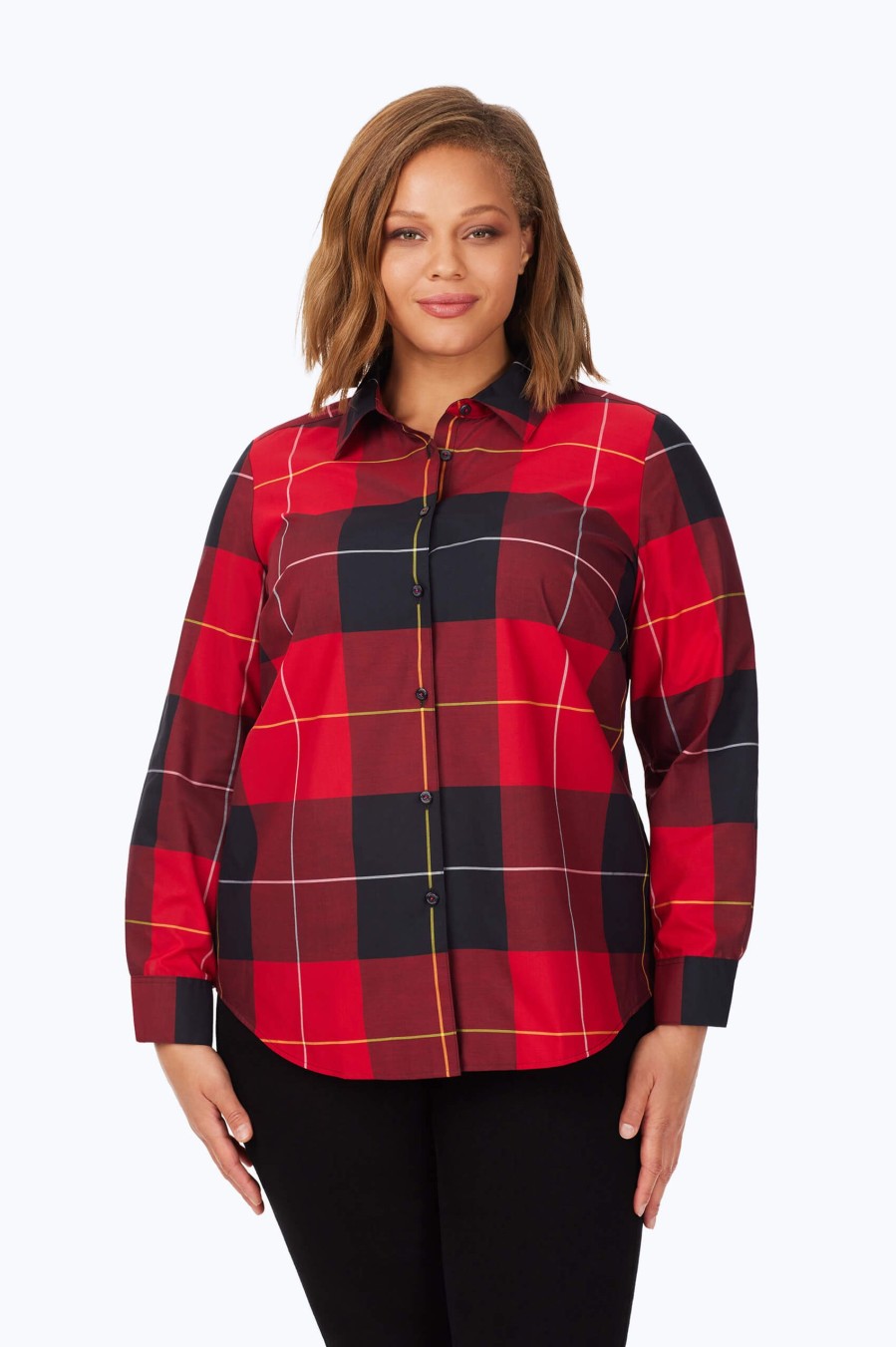 Women Foxcroft Tops | Rhea Plus Non-Iron Exploded Plaid Shirt Black/Red Exploded Plaid