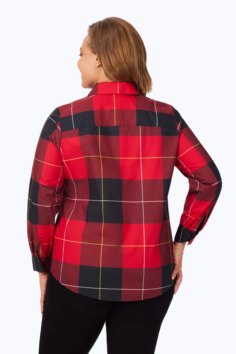 Women Foxcroft Tops | Rhea Plus Non-Iron Exploded Plaid Shirt Black/Red Exploded Plaid