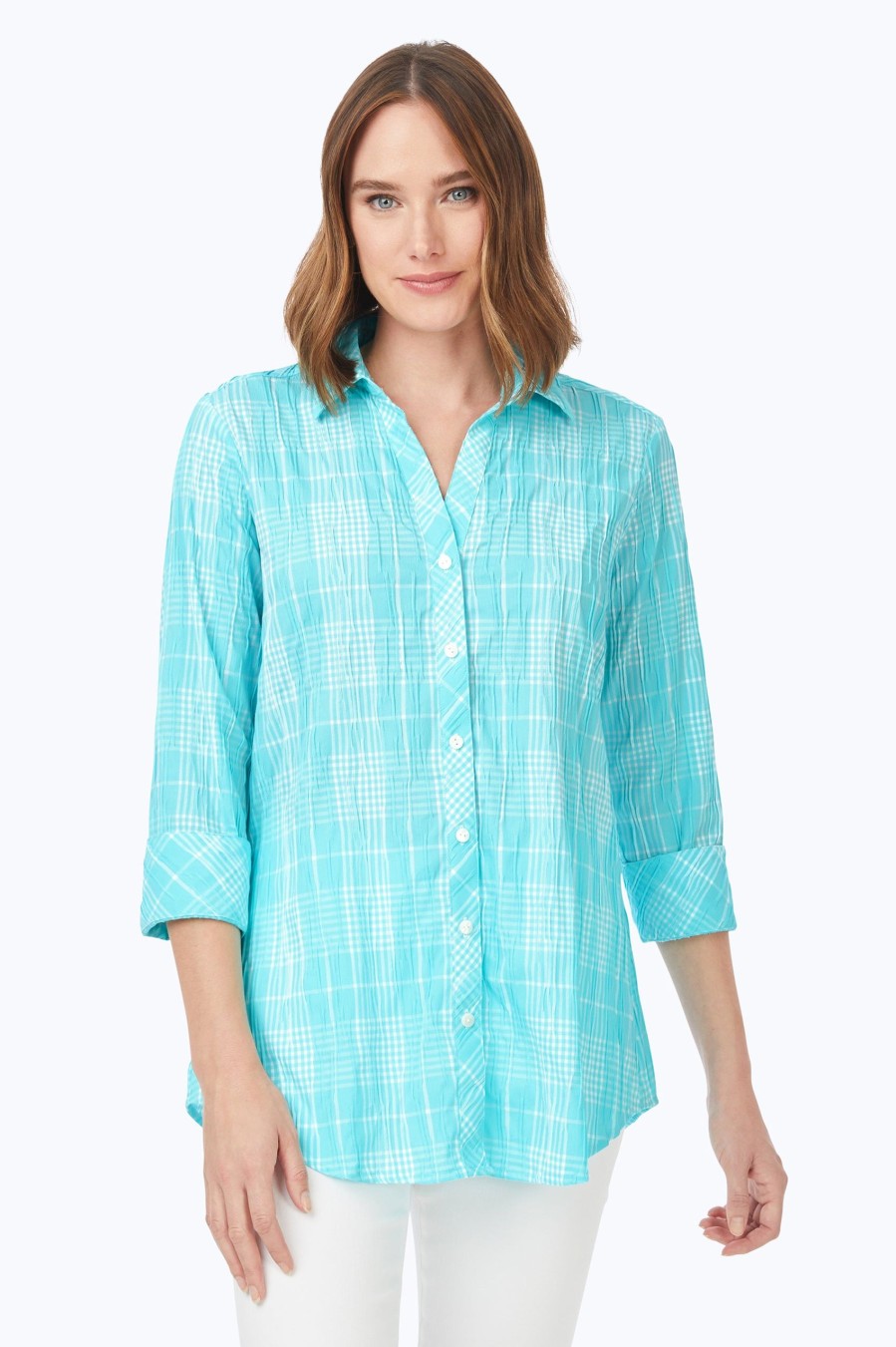 Women Foxcroft Tops | Faith Beach Plaid Crinkle Tunic