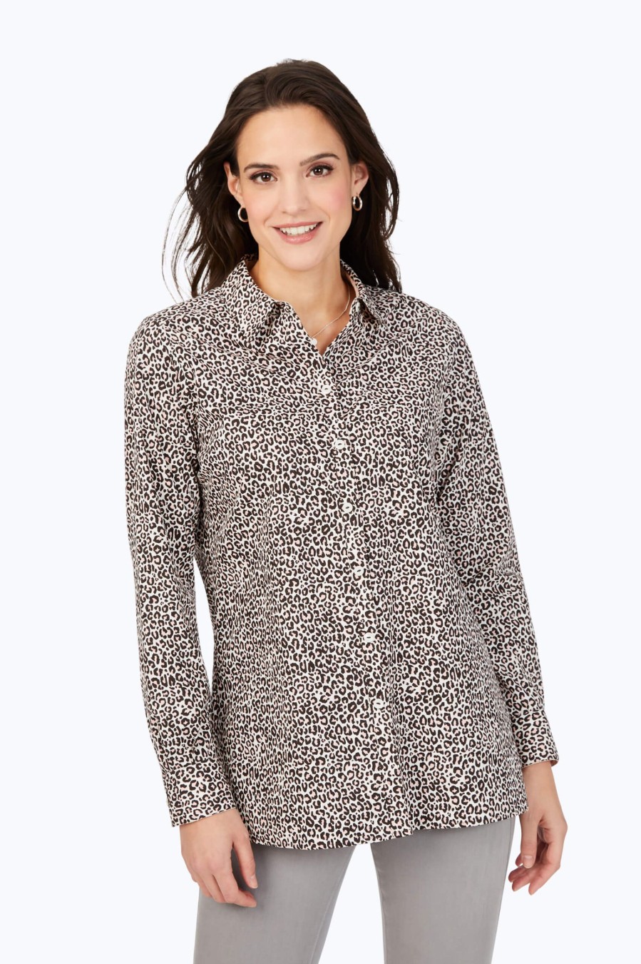 Women Foxcroft Tops | Luxe Leopard Non-Iron Tunic Dark Chocolate Luxe Leopard