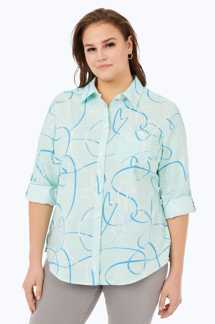 Women Foxcroft Tops | Zoey Plus Non-Iron Sun Swirls Shirt Sea Mist Sun Swirls