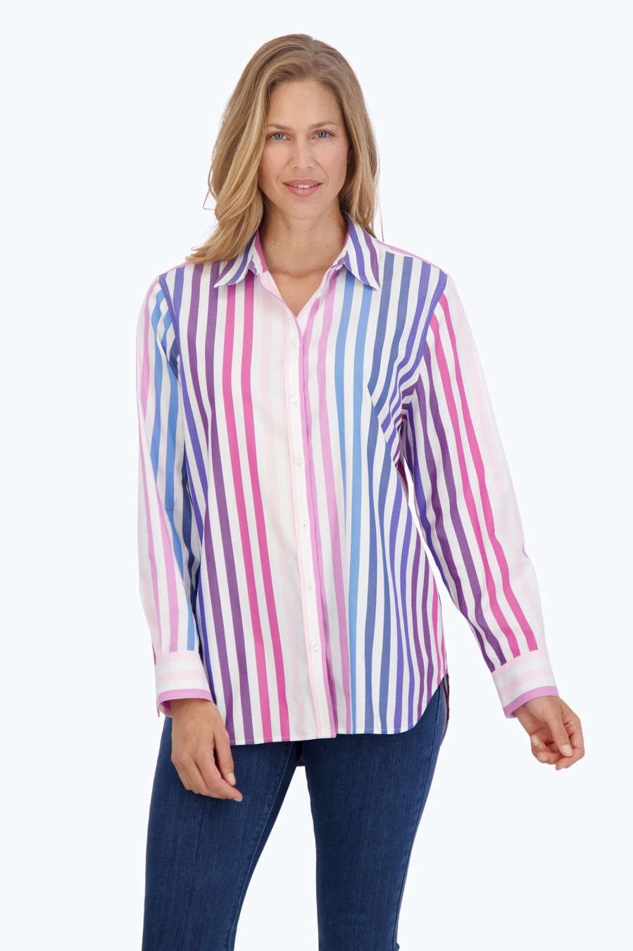 Women Foxcroft Tops | Boyfriend Pinpoint No Iron Ombre Stripe Tunic Ombre Multi Pinpoint Stripe