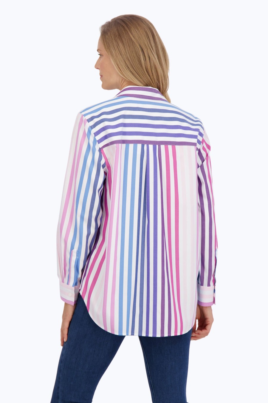 Women Foxcroft Tops | Boyfriend Pinpoint No Iron Ombre Stripe Tunic Ombre Multi Pinpoint Stripe