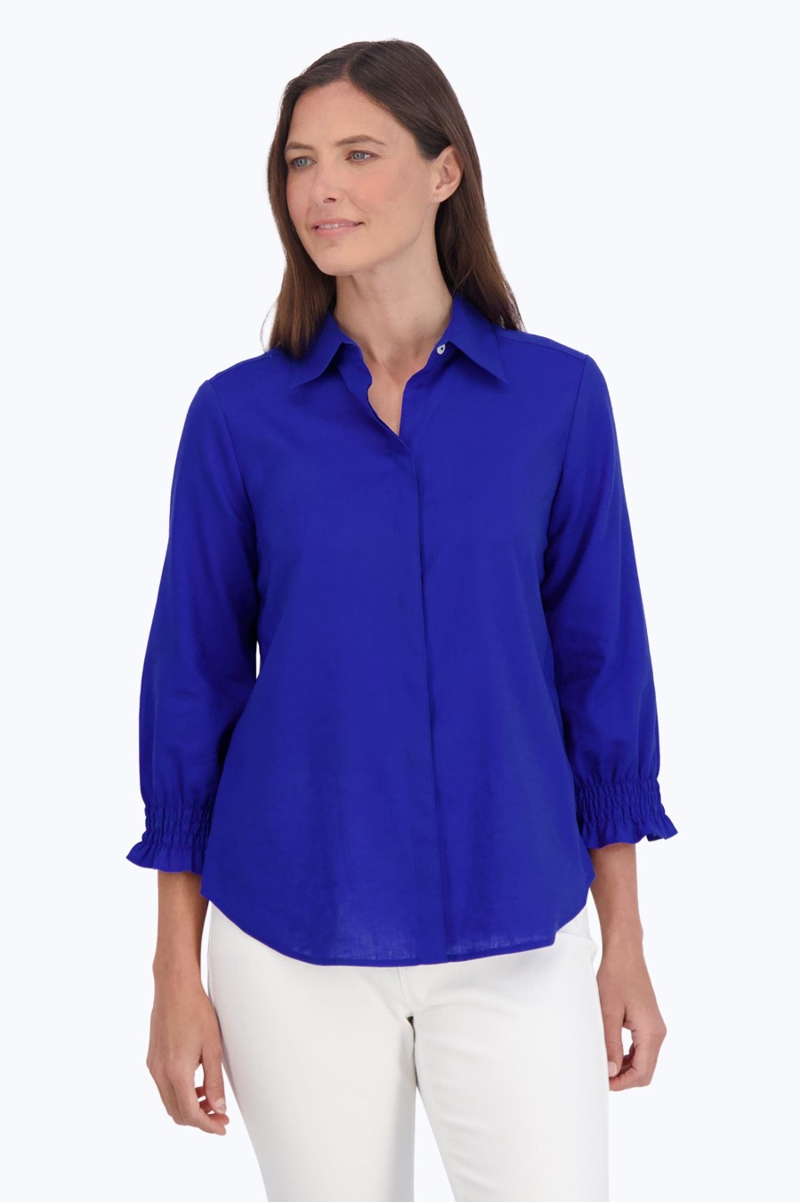 Women Foxcroft Tops | Olivia Easy Care Solid Linen Shirt