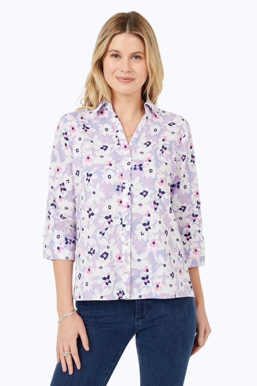 Women Foxcroft Tops | Charlotte Non-Iron Blush Blossoms Shirt Lilac Blush Blossoms