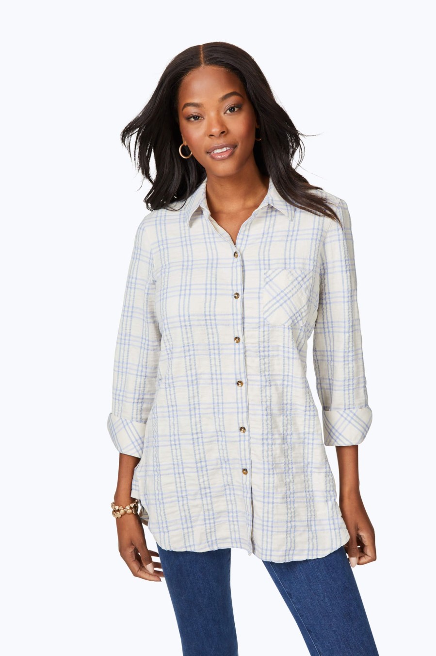 Women Foxcroft Tops | Germaine Heathered Plaid Shirt Iris Bloom Heathered Plaid