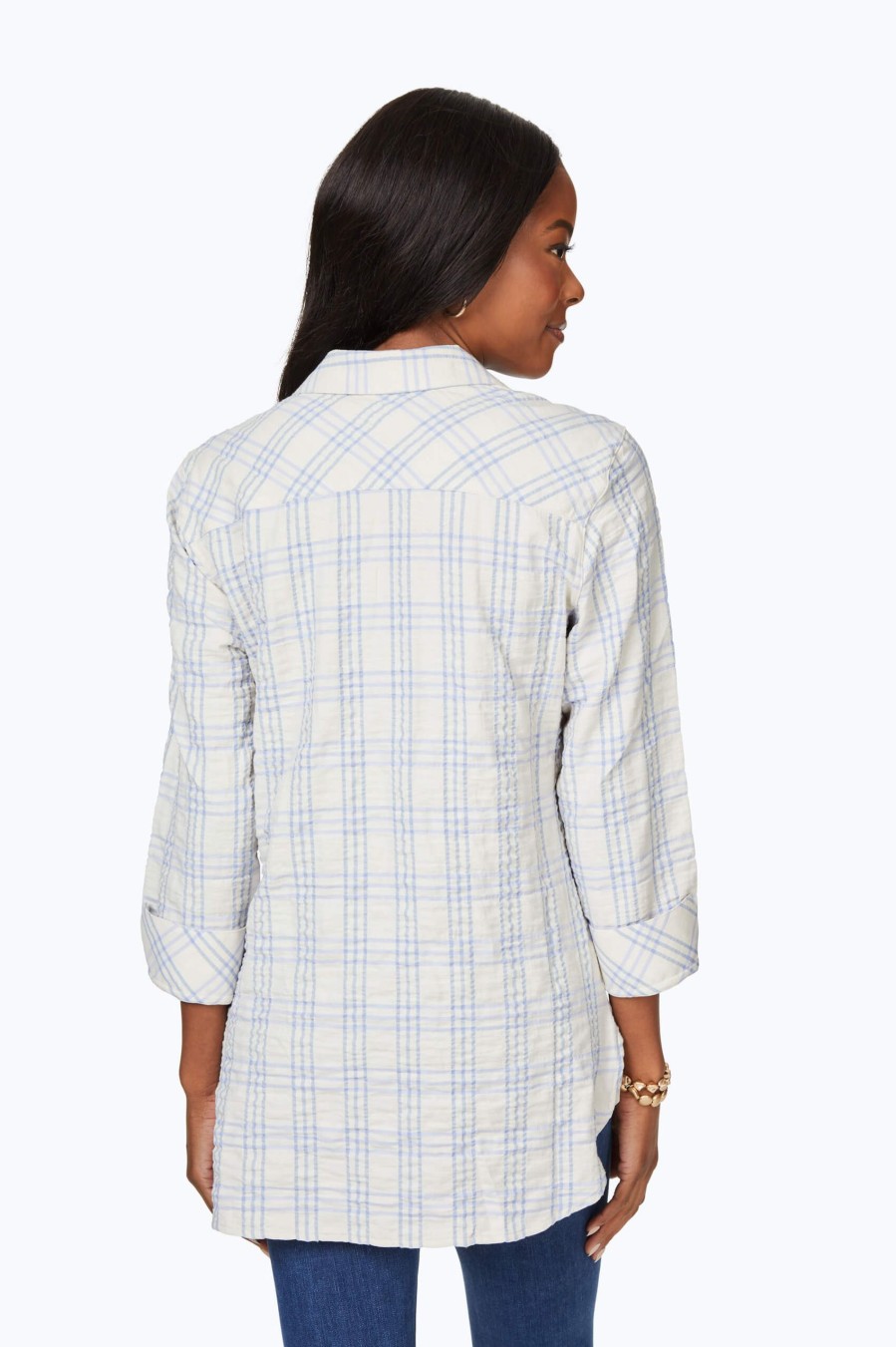 Women Foxcroft Tops | Germaine Heathered Plaid Shirt Iris Bloom Heathered Plaid