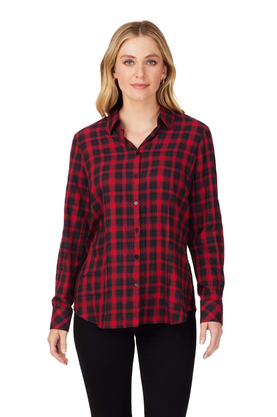 Women Foxcroft Tops | Rhea Brushed Scotch Plaid Shirt Black Red Scotch Plaid