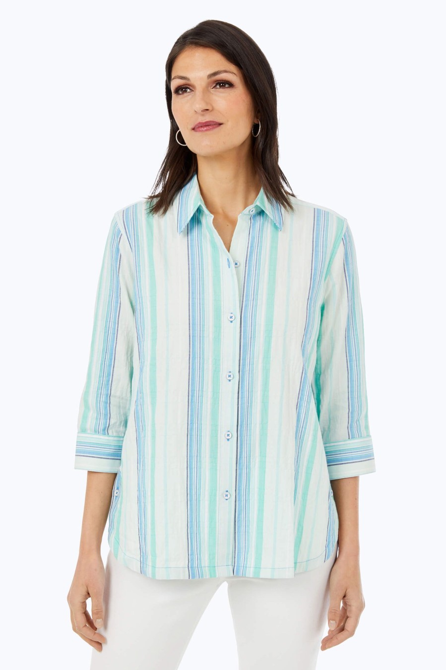 Women Foxcroft Tops | Thea Oasis Stripe Shirt Sea Mist Oasis Stripe