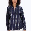 Women Foxcroft Tops | Mary No Iron Keychain Stripe Shirt Navy Keychain Stripe