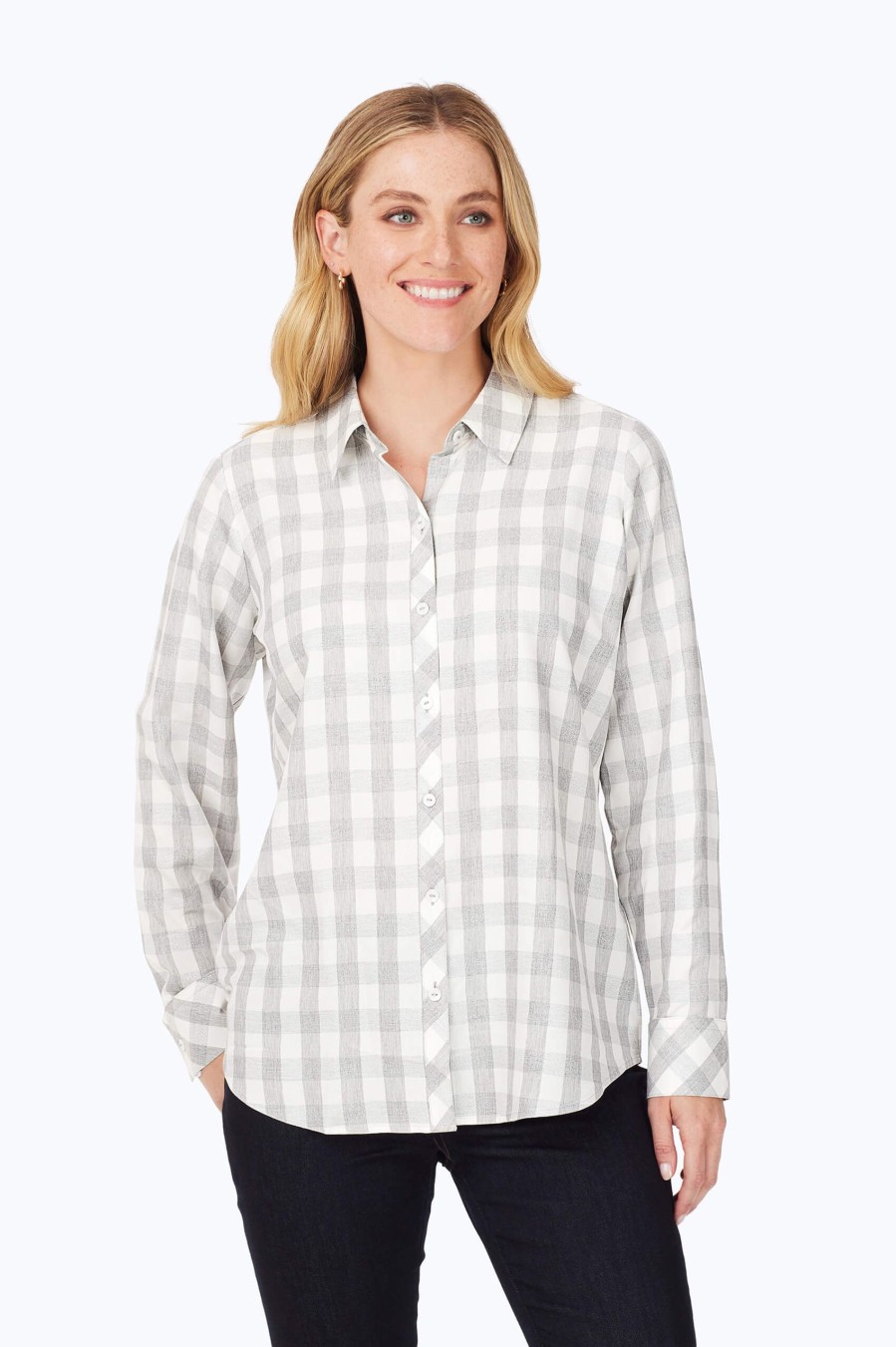 Women Foxcroft Tops | Davis Metallic Buffalo Plaid Shirt Silver Metallic Buffalo