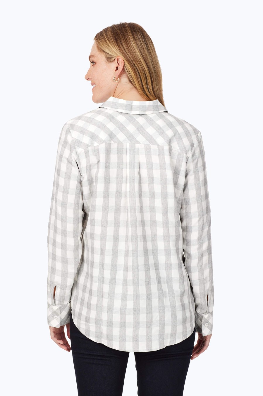 Women Foxcroft Tops | Davis Metallic Buffalo Plaid Shirt Silver Metallic Buffalo