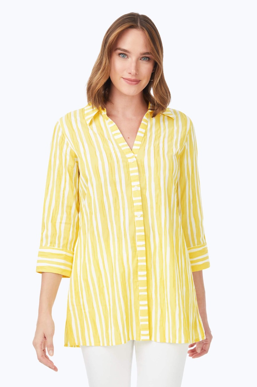 Women Foxcroft Tops | Pamela Beach Stripe Crinkle Tunic