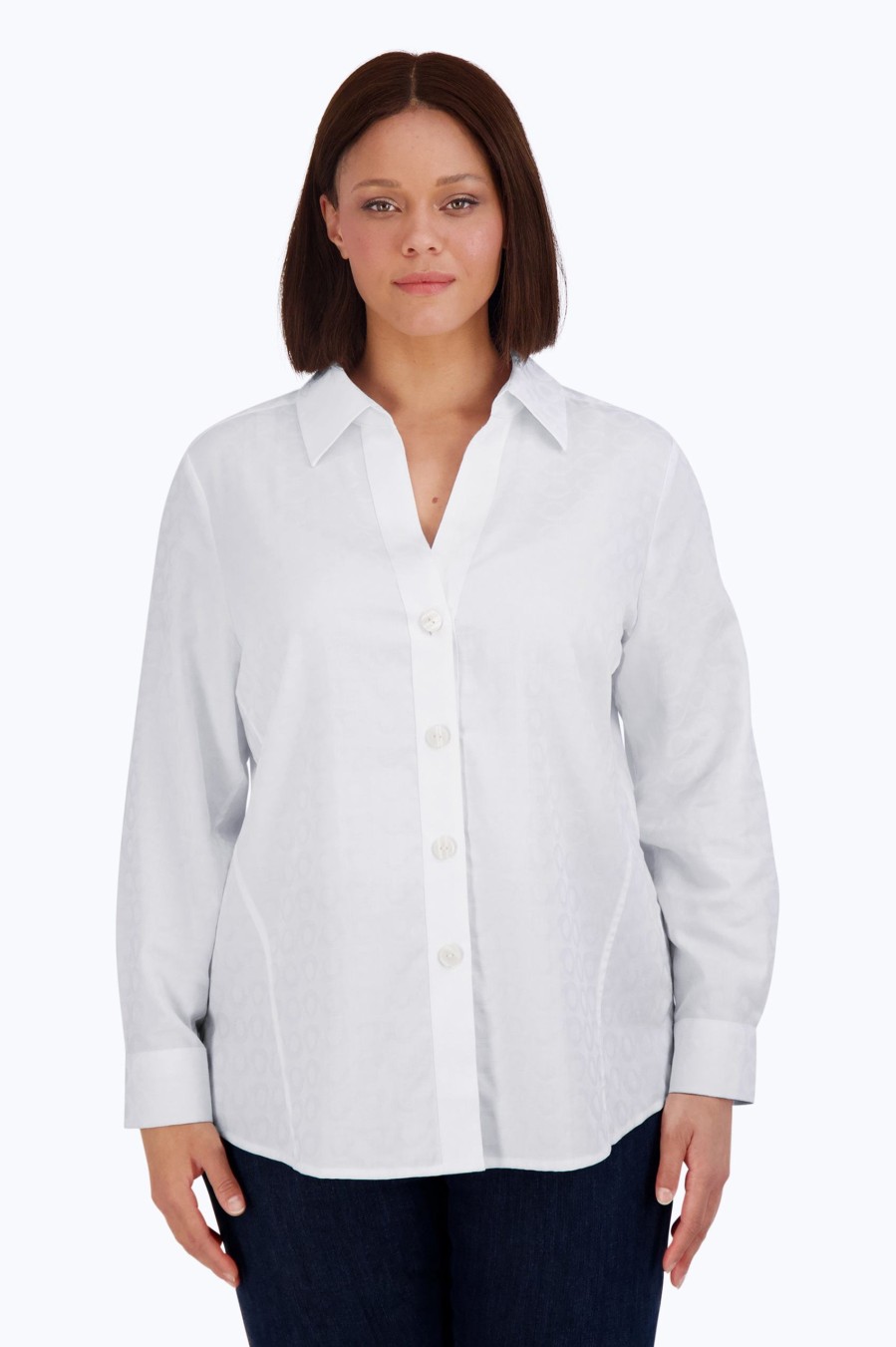 Women Foxcroft Tops | Paityn Plus No Iron Retro Circle Jacquard Shirt White