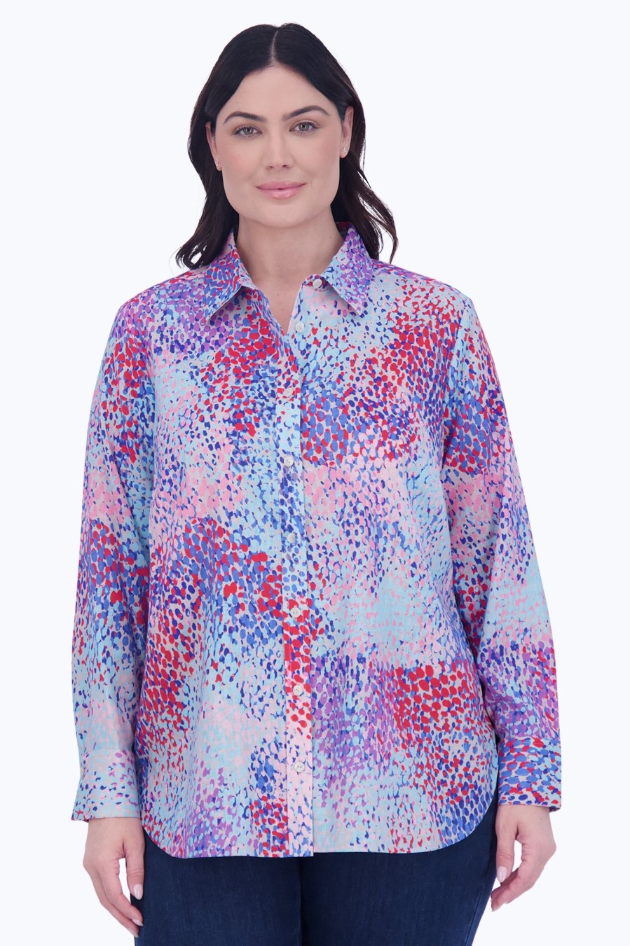 Women Foxcroft Tops | Meghan Plus Easy Care Linen Speckle Shirt Multicolor Speckle Linen