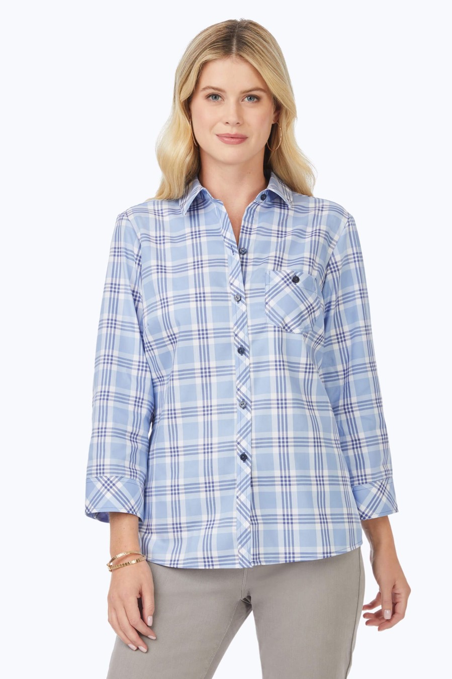 Women Foxcroft Tops | Hampton Non-Iron Blue Plaid Shirt Baltic Blue Plaid