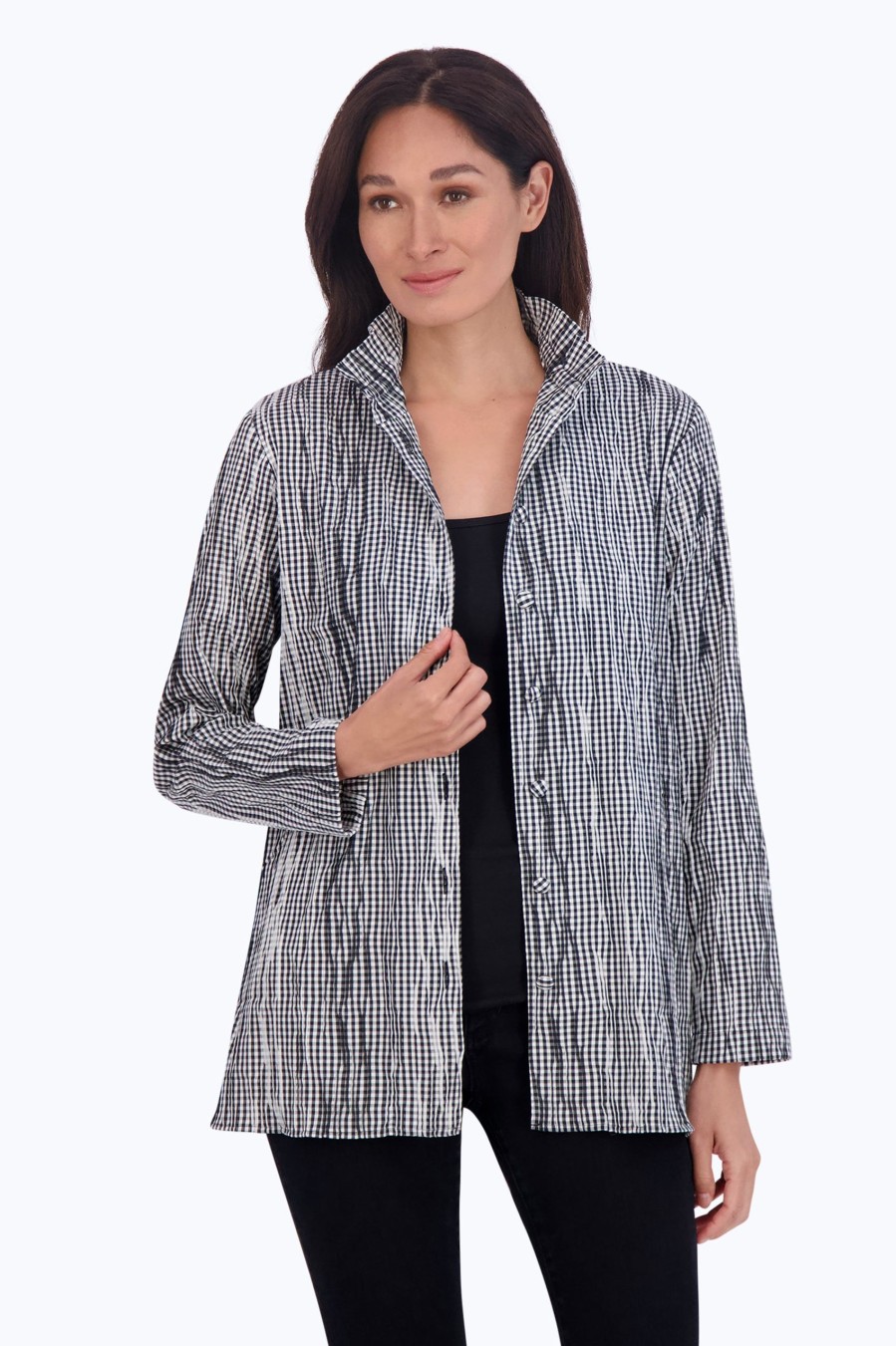 Women Foxcroft Tops | Carolina Mini Gingham Crinkle Shirt Jacket Black/White Mini Gingham Crinkle