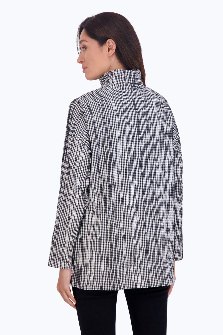 Women Foxcroft Tops | Carolina Mini Gingham Crinkle Shirt Jacket Black/White Mini Gingham Crinkle