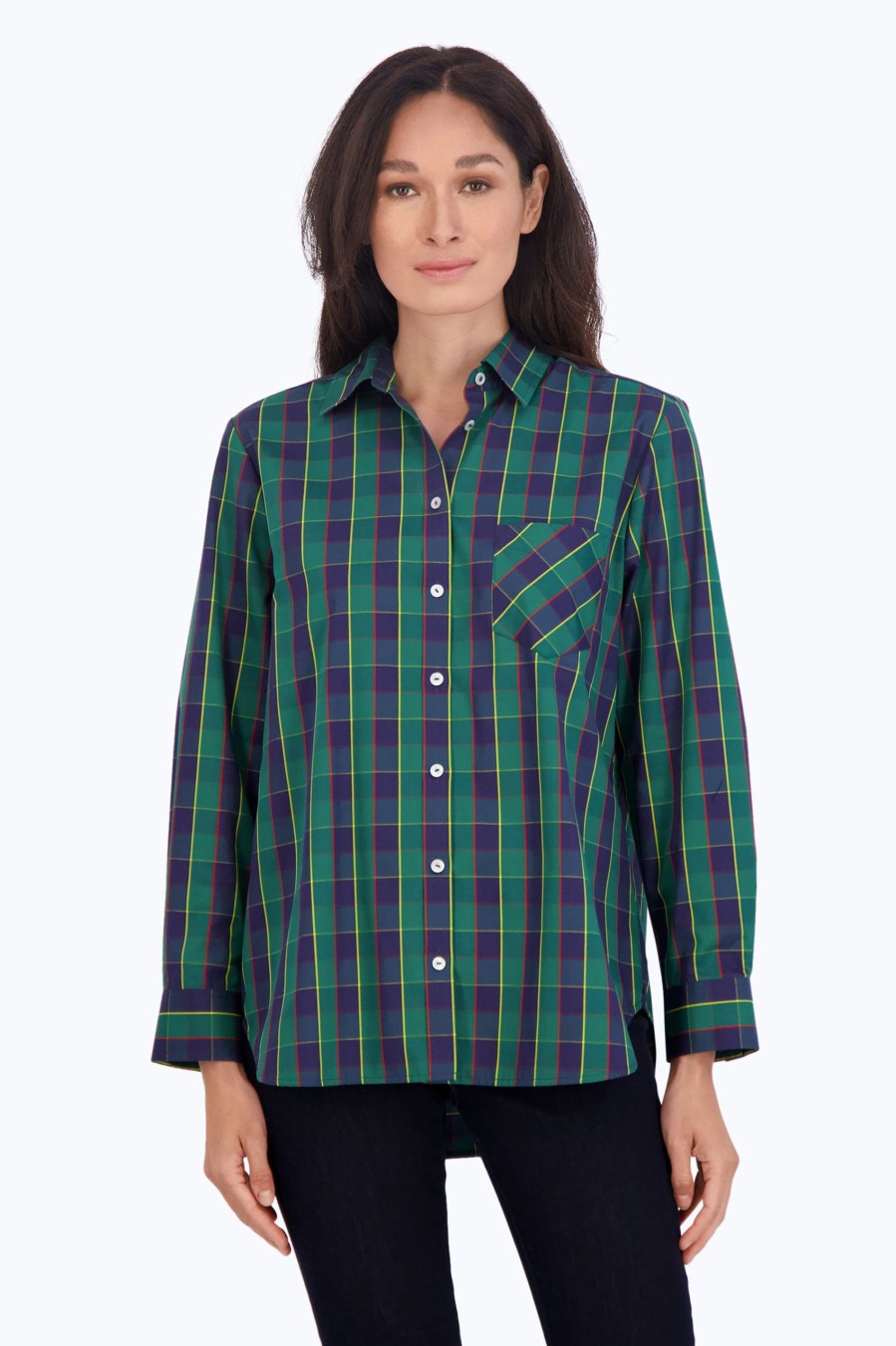 Women Foxcroft Tops | Boyfriend No Iron Tartan Plaid Tunic Navy/Green/Yellow Tartan