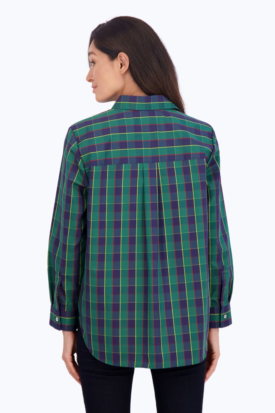 Women Foxcroft Tops | Boyfriend No Iron Tartan Plaid Tunic Navy/Green/Yellow Tartan