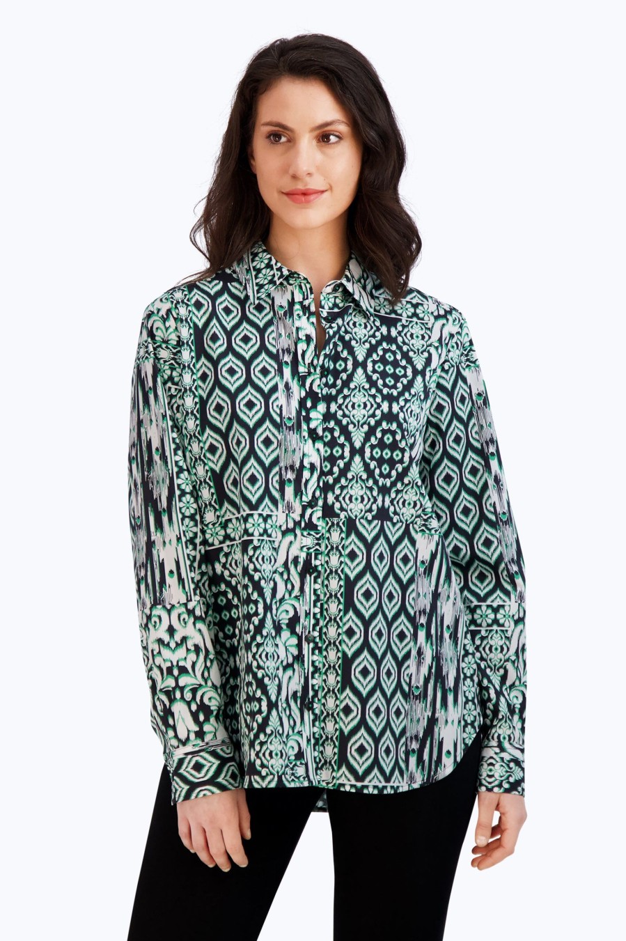 Women Foxcroft Tops | Boyfriend No Iron Ikat Patchwork Tunic Fall Ikat Black Multi