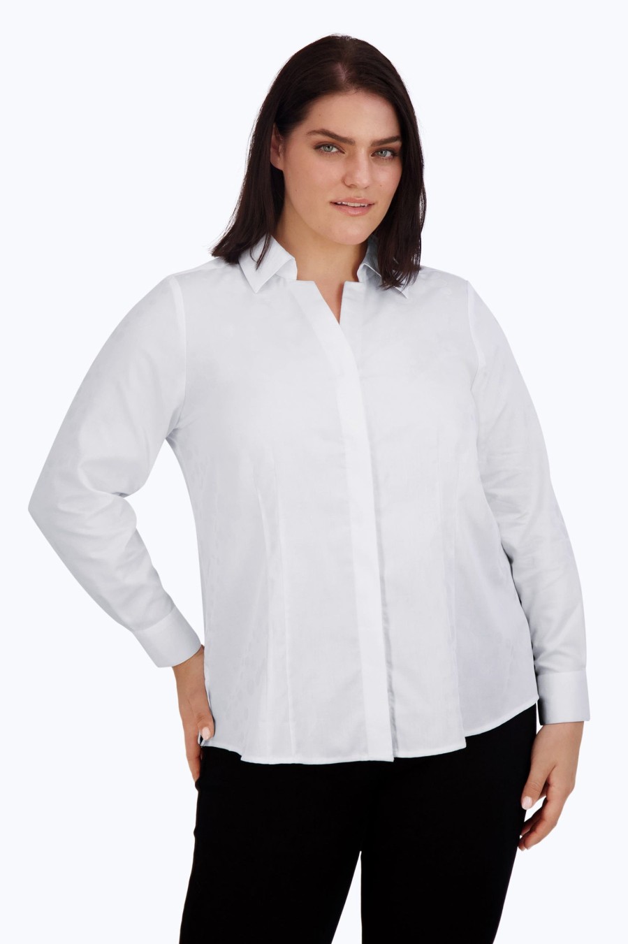 Women Foxcroft Tops | Taylor Plus No Iron Pearl Jacquard Shirt White