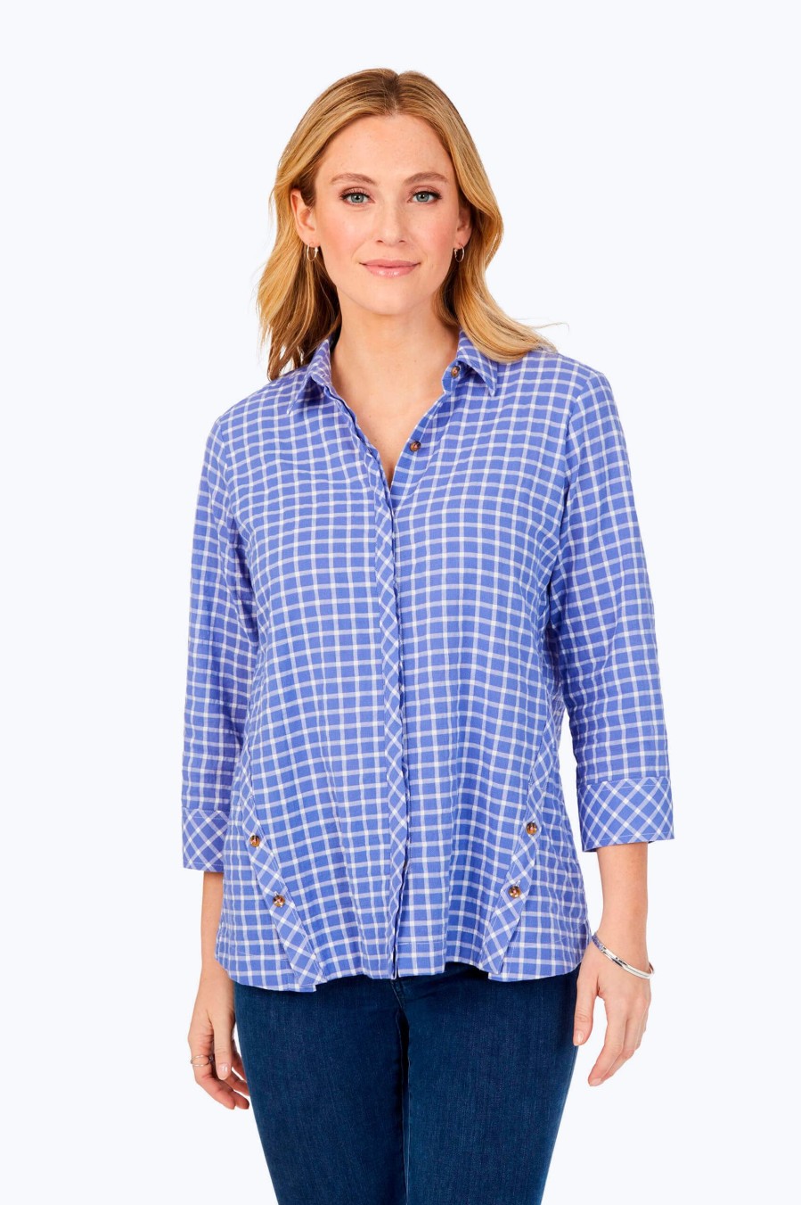 Women Foxcroft Tops | Warm Check Stretch Cotton Shirt Iris Bloom Warm Check