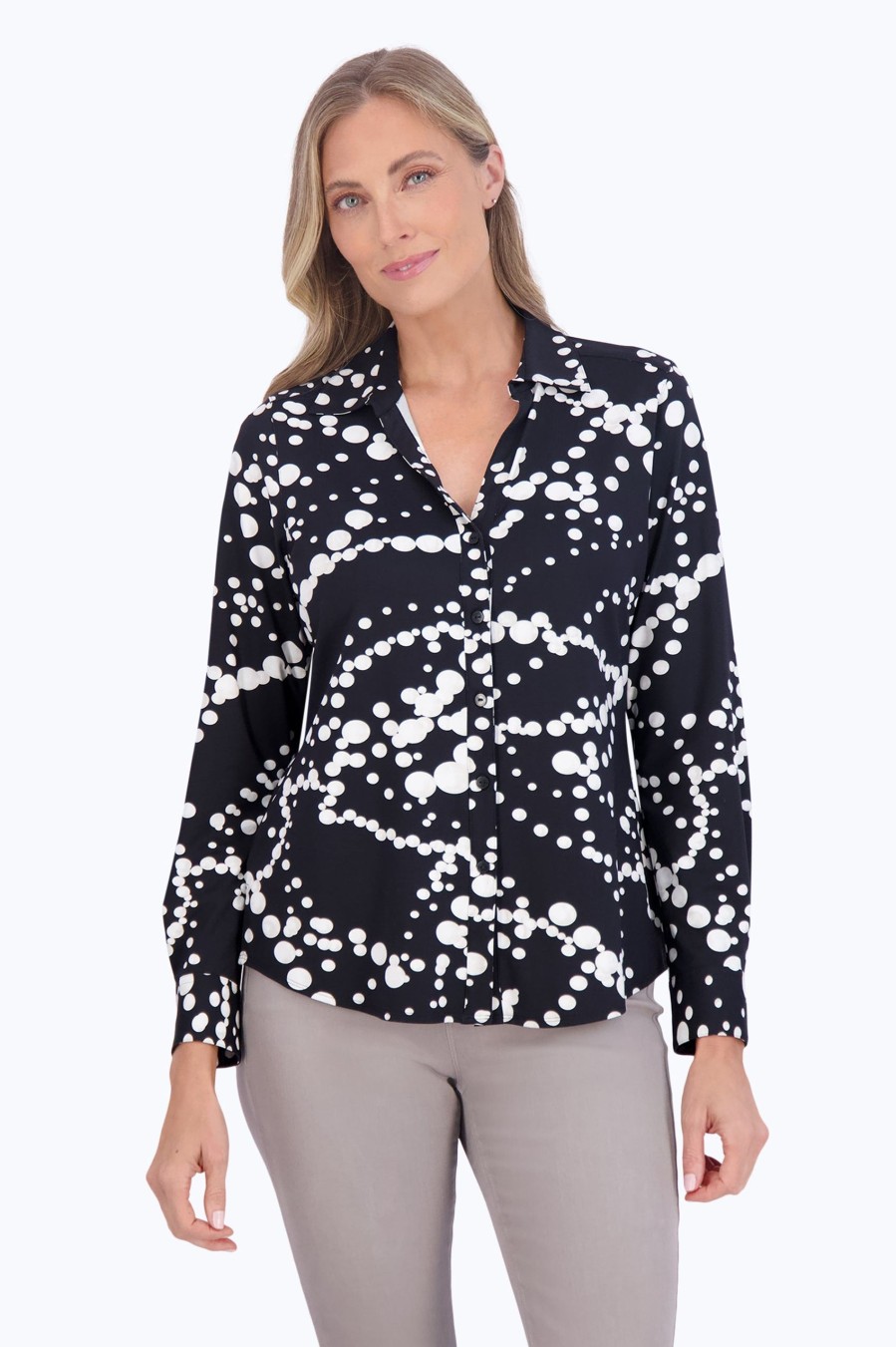 Women Foxcroft Tops | Mary Draped Pearls Jersey Shirt Black/White Draped Pearls