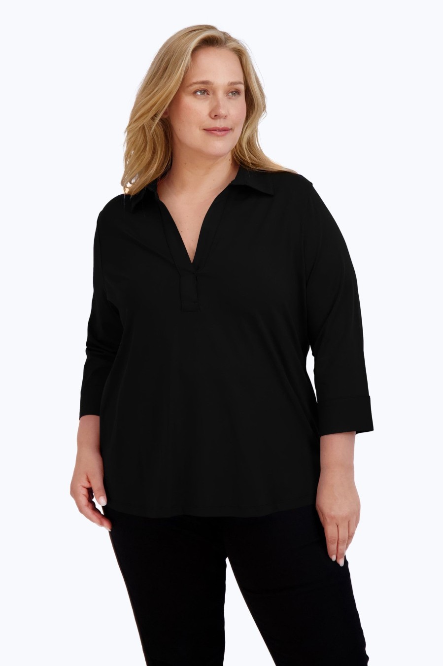 Women Foxcroft Tops | Sophia Plus Solid Jersey Popover Shirt