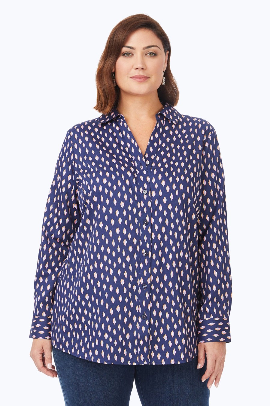 Women Foxcroft Tops | Faith Plus Non-Iron Ikat Dot Tunic Navy Multi Ikat Dot