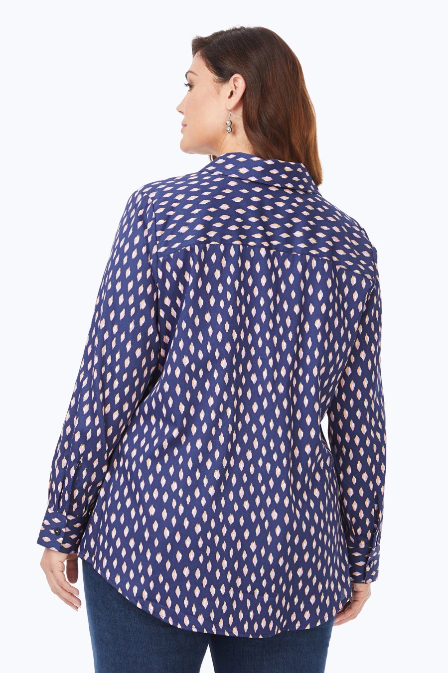 Women Foxcroft Tops | Faith Plus Non-Iron Ikat Dot Tunic Navy Multi Ikat Dot