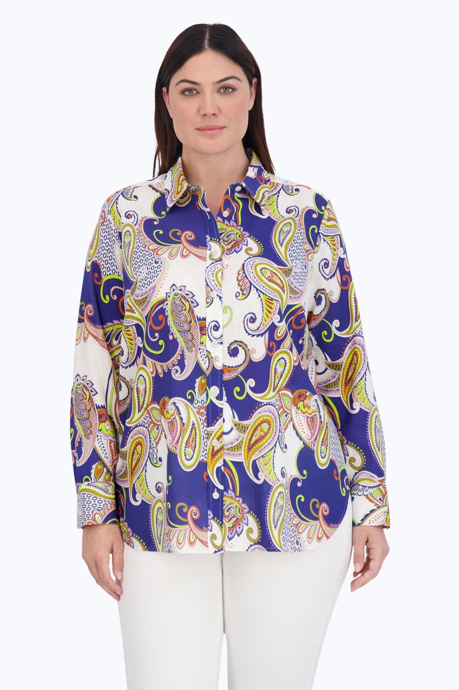 Women Foxcroft Tops | Meghan Plus Easy Care Linen Paisley Shirt Blue/White Retro Paisley