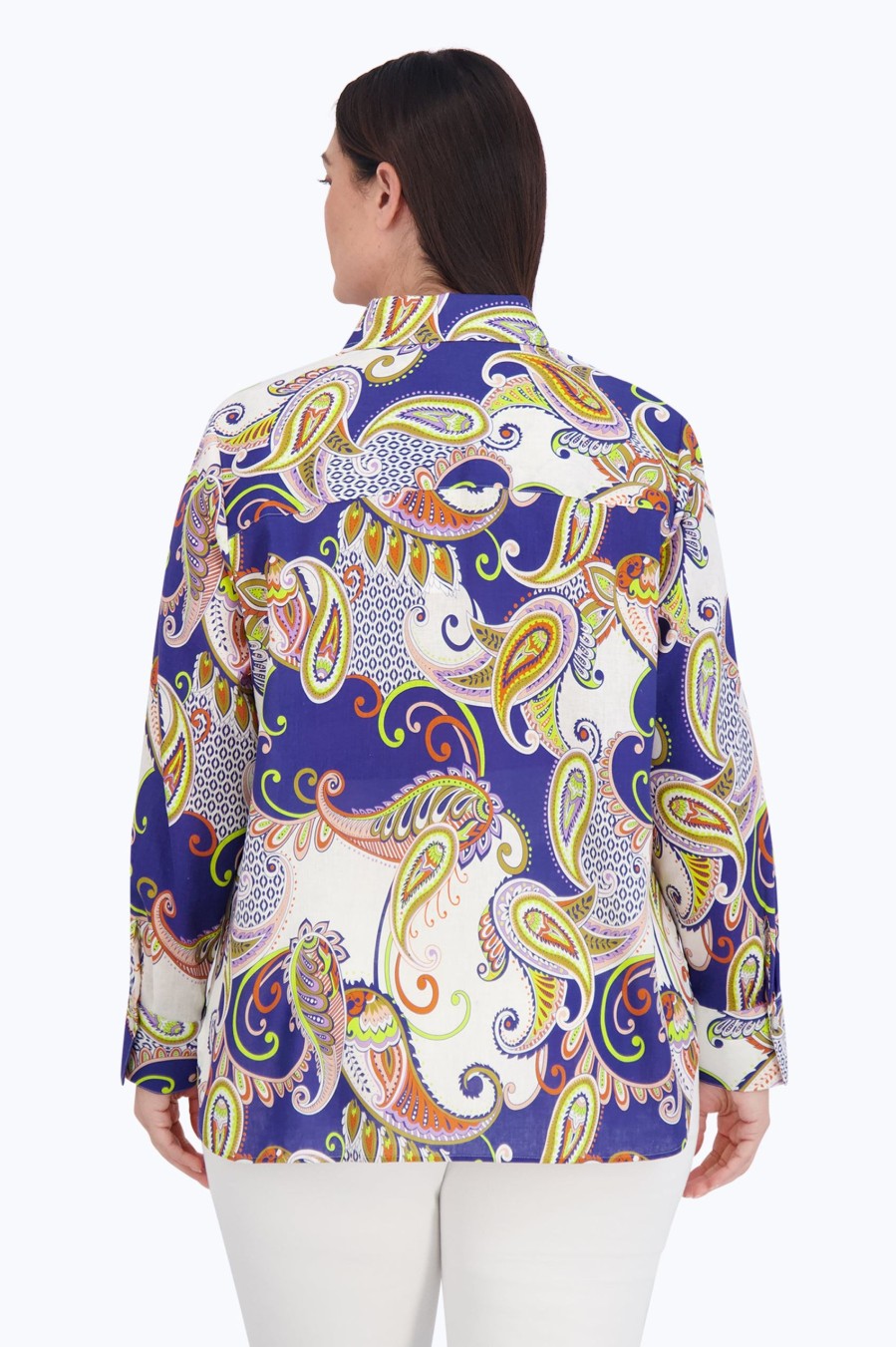 Women Foxcroft Tops | Meghan Plus Easy Care Linen Paisley Shirt Blue/White Retro Paisley