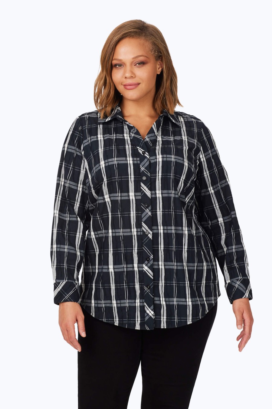 Women Foxcroft Tops | Faith Plus Black Windowpane Crinkle Tunic Black Holiday Crinkle Windowpane