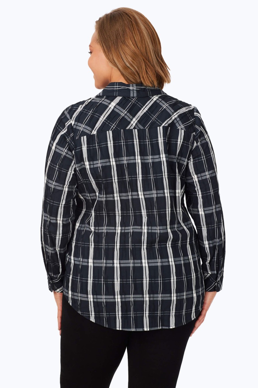 Women Foxcroft Tops | Faith Plus Black Windowpane Crinkle Tunic Black Holiday Crinkle Windowpane