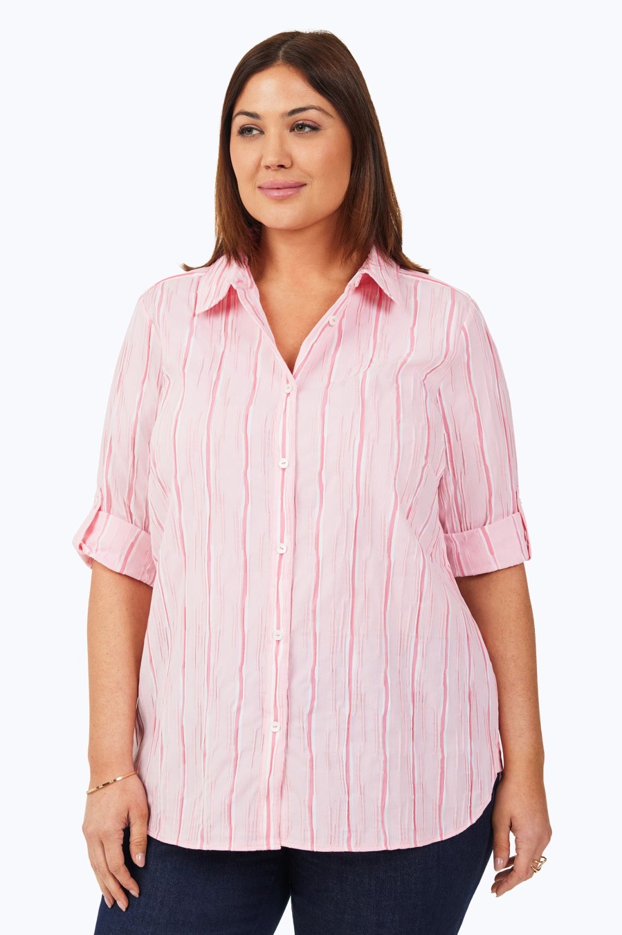 Women Foxcroft Tops | Tamara Plus Serene Stripe Crinkle Shirt Pure Pink Serene Stripe