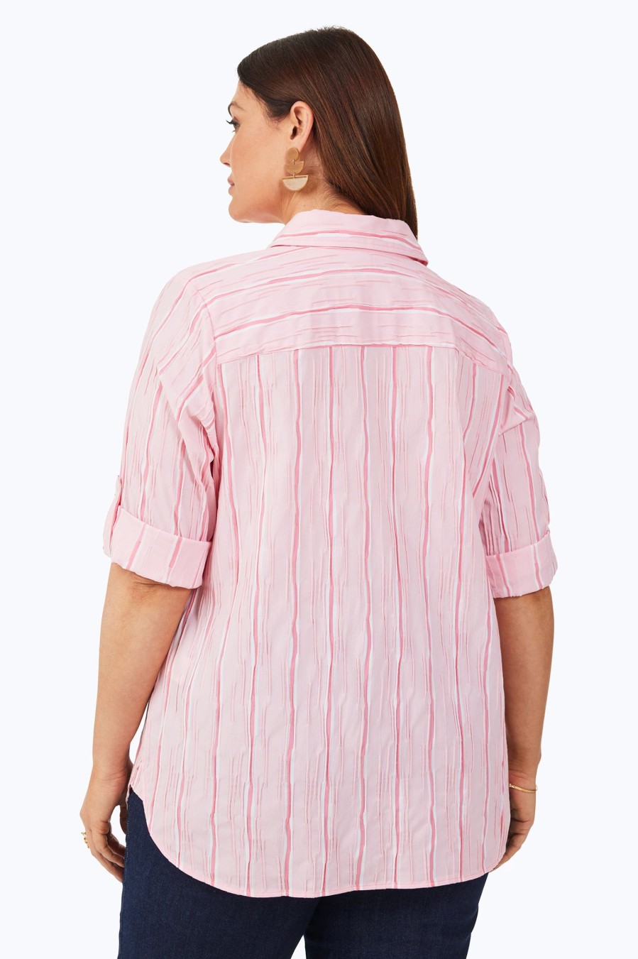 Women Foxcroft Tops | Tamara Plus Serene Stripe Crinkle Shirt Pure Pink Serene Stripe