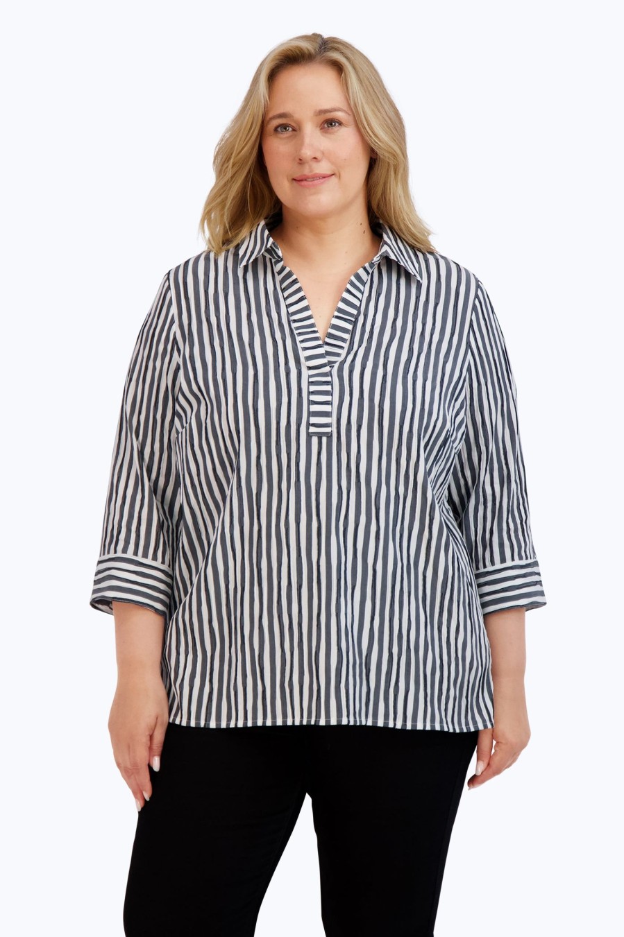 Women Foxcroft Tops | Sophia Plus Crinkle Stripe Combo Shirt