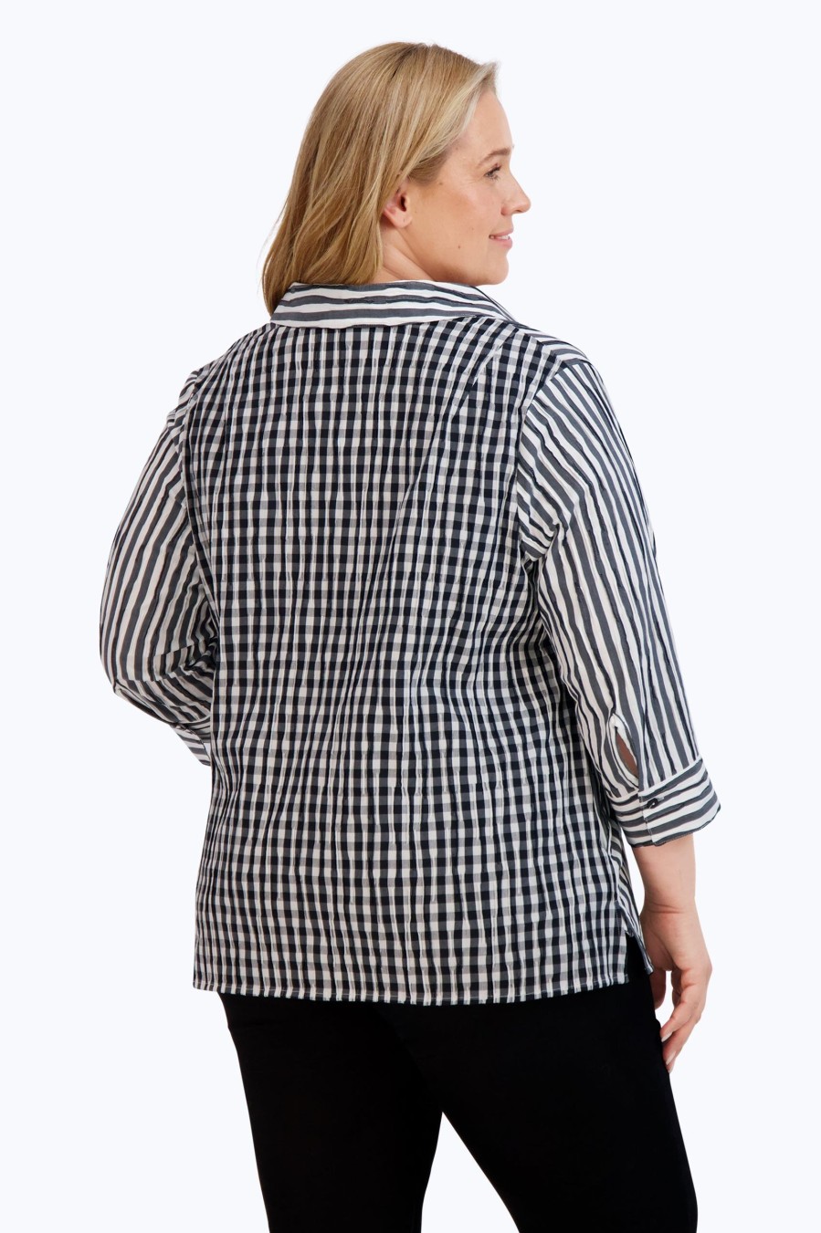 Women Foxcroft Tops | Sophia Plus Crinkle Stripe Combo Shirt