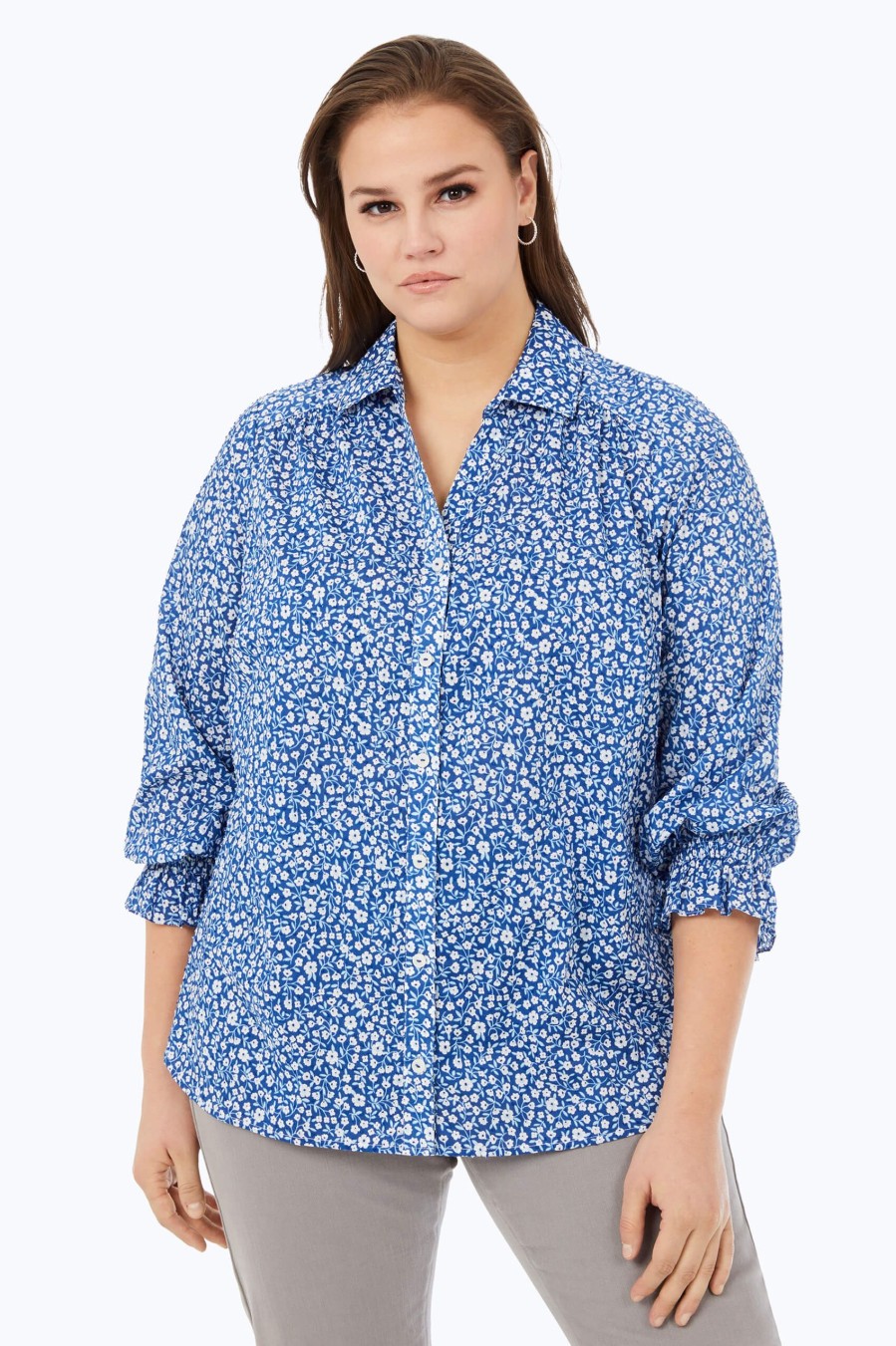 Women Foxcroft Tops | Caspian Plus Non-Iron Fresh Floral Shirt Blue Breeze Fresh Floral