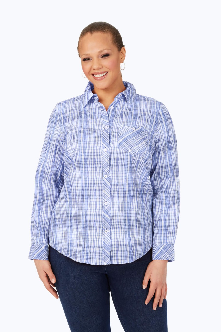 Women Foxcroft Tops | Hampton Plus Purely Plaid Crinkle Shirt