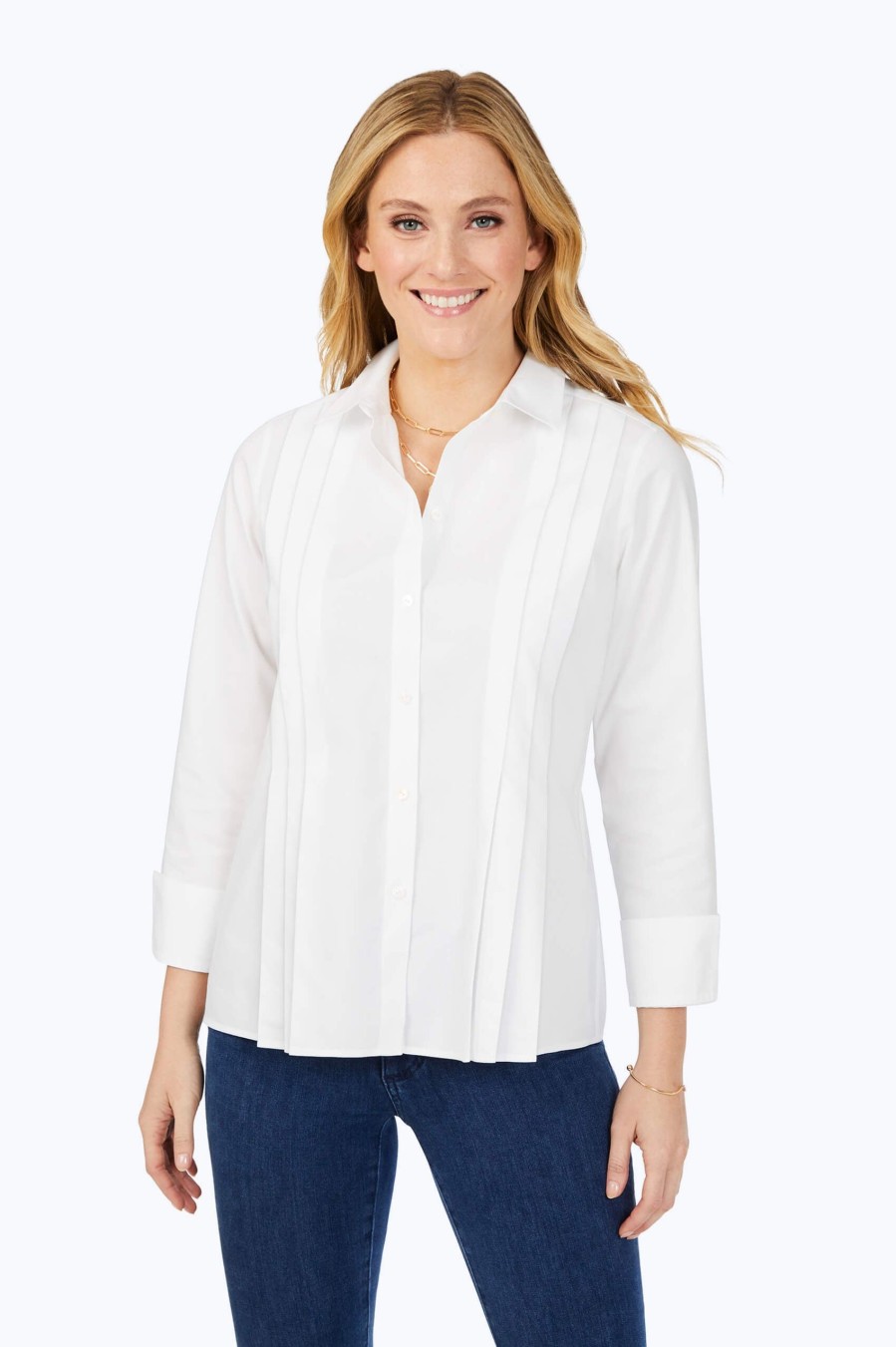 Women Foxcroft Tops | Pleated Pinpoint Non-Iron Shirt White