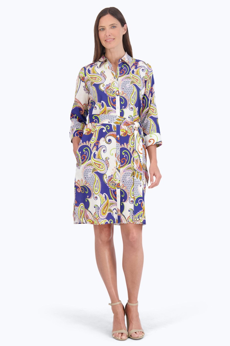 Women Foxcroft Dresses | Rocca Easy Care Linen Paisley Dress Blue/White Retro Paisley