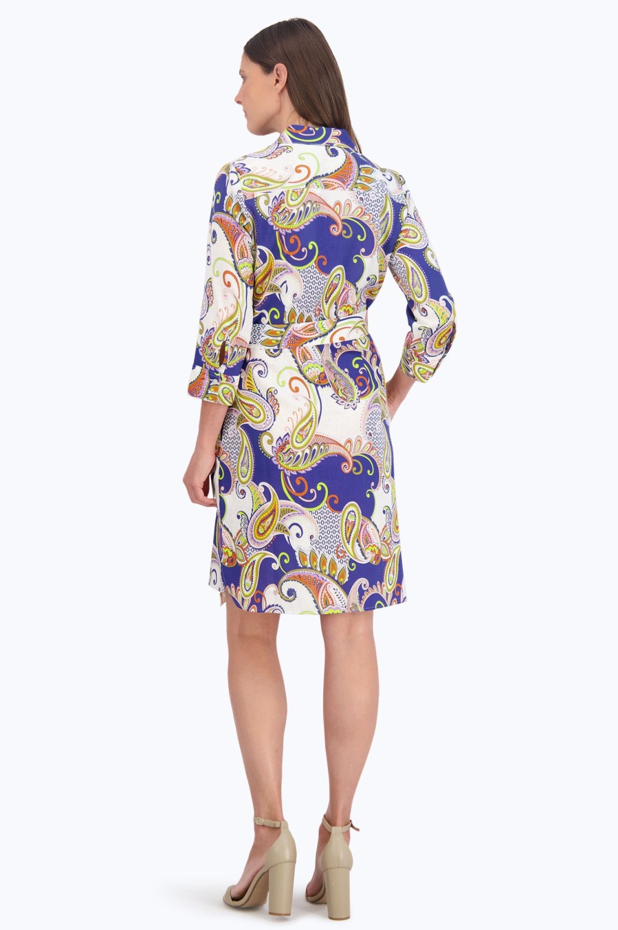 Women Foxcroft Dresses | Rocca Easy Care Linen Paisley Dress Blue/White Retro Paisley